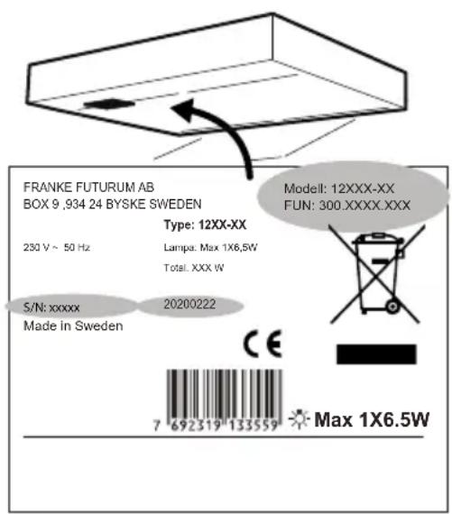 FRANKE FUTURUM AB BOX 9 ,934 24 BYSKE SWEDEN Type: 12XX-XX 230 V ~ 50 Hz Lampa: Max 1X6.5W Total: XXX W S/N: xxxxx Made in Sweden 20200222 CE 7 692319 133559 Max 1X6.5W Modell: 12XXX-XX FUN: 300.XXXX.XXX
