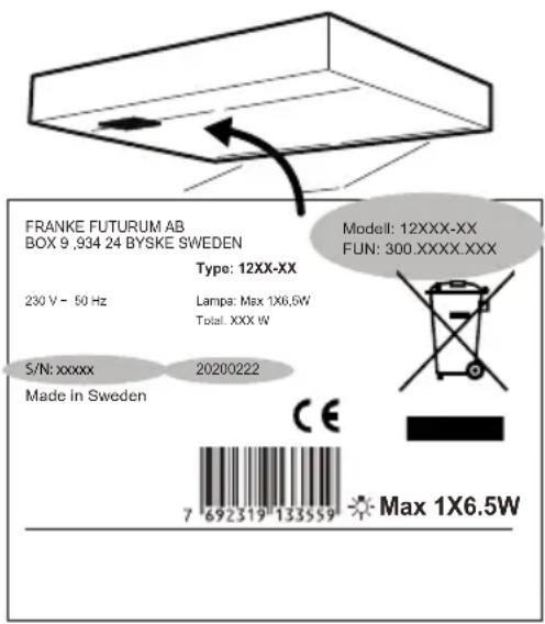 FRANKE FUTURUM AB BOX 9 ,934 24 BYSKE SWEDEN Type: 12XX-XX 230 V - 50 Hz Lamps: Max 1X6.5W Total: XXX W S/N: xxxxx Made in Sweden Model: 12XXX-XX FUN: 300.XXXX.XXX CE 7 692319 133559 Max 1X6.5W