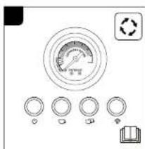 Diagram showing a gauge with five circular indicators below, including a refresh icon and a book icon.