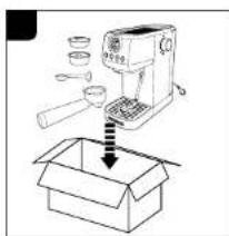 Diagram showing a coffee machine being opened into an open box, with Chinese label '咖啡机' (coffee machine) and directional arrow indicating process.