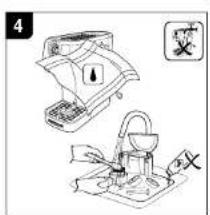 Diagram showing two steps of a device with labeled parts and warning symbols