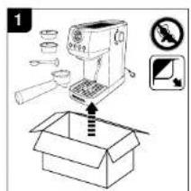 Diagram showing a coffee machine being opened into an open box, with instructional icons for no printing and print.