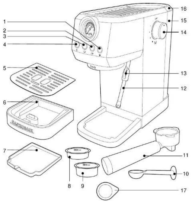 Labeled diagram of a coffee maker with numbered parts for identification and assembly reference.