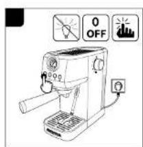 Diagram of a coffee maker with warning icons and control buttons, including '0 OFF' and 'OFF' labels