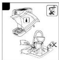 Technical diagram showing a device with warning symbols and a hand holding a device, likely illustrating a hazard or safety warning.