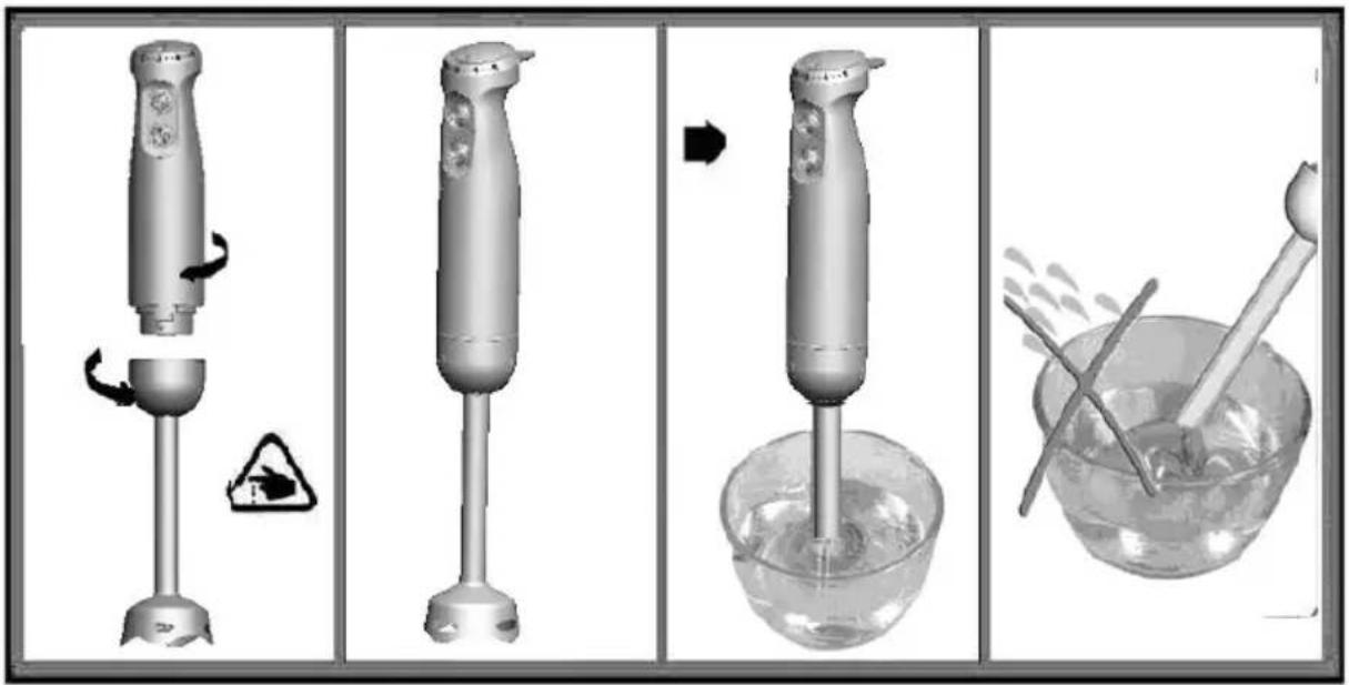 Diagram illustrating the step-by-step process of a digital brush tool, showing press, warning sign, and mixing bowl with chopsticks.
