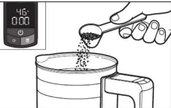 Illustration of a hand pouring granular substance into a container using a spoon, with a digital timer showing 46:00 (no text or symbols on the main subject)