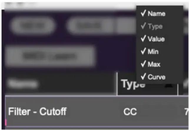 ✓ Name ✓ Type ✓ Value ✓ Min ✓ Max ✓ Curve Type Filter - Cutoff CC 7