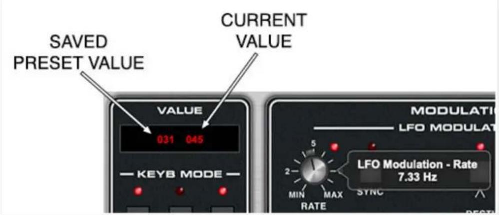 SAVED PRESET VALUE CURRENT VALUE 031 045 KEYB MODE MODULATION LFO MODULATION LFO Modulation - Rate 7.33 Hz MIN MAX SYNC RATE