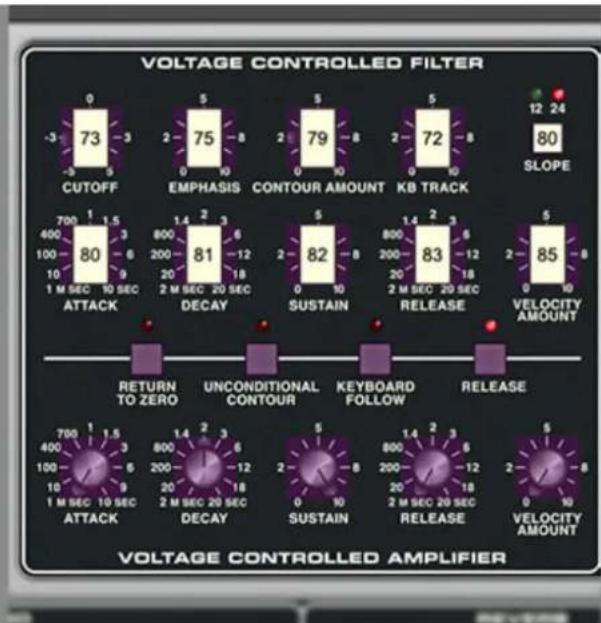 VOLTAGE CONTROLLED FILTER CUTOFF EMPHASIS CONTOUR AMOUNT KB TRACK SLOPE 12 24 80 73 -3 5 79 72 -3 5 0 0 0 0 0 0 0 0 0 0 0 0 0 0 0 0 0 0 0 700 1 1.5 800 81 5 83 2 85 400 6 200 18 200 18 2 M SEC 20 SEC 1 M SEC 10 SEC ATTACK DECAY SUSTAIN RELEASE VELOCITY AMOUNT RETURN TO ZERO UNCONDITIONAL CONTOUR KEYBOARD FOLLOW RELEASE 700 1.5 800 14 3 6 5 800 14 2 3 6 400 6 200 18 2 M SEC 20 SEC 1 M SEC 10 SEC ATTACK DECAY SUSTAIN RELEASE VELOCITY AMOUNT VOLTAGE CONTROLLED AMPLIFIER