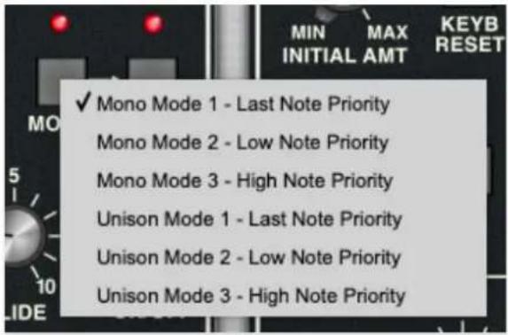 Mono Mode 1 - Last Note Priority Mono Mode 2 - Low Note Priority Mono Mode 3 - High Note Priority Unison Mode 1 - Last Note Priority Unison Mode 2 - Low Note Priority Unison Mode 3 - High Note Priority