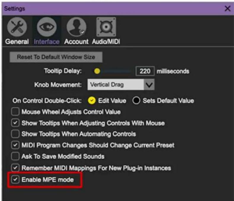 Settings General Interface Account Audio/MIDI Reset To Default Window Size Tooltip Delay: 220 milliseconds Knob Movement: Vertical Drag On Control Double-Click: Edit Value Sets Default Value Mouse Wheel Adjusts Control Value Show Tooltips When Adjusting Controls With Mouse Show Tooltips When Automating Controls MIDI Program Changes Should Change Current Preset Ask To Save Modified Sounds Remember MIDI Mappings For New Plug-in Instances Enable MPE mode