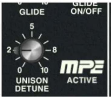 0 10 GLIDE 5 1 2 -7 8 0 10 UNISON DETUNE GLIDE ON/OFF MPE ACTIVE
