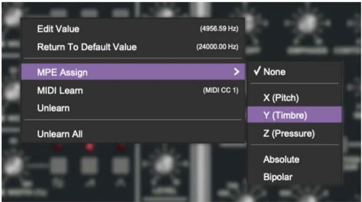 Edit Value (4956.59 Hz) Return To Default Value (24000.00 Hz) MPE Assign > MIDI Learn (MIDI CC 1) Unlearn Unlearn All ✓ None X (Pitch) Y (Timbre) Z (Pressure) Absolute Bipolar