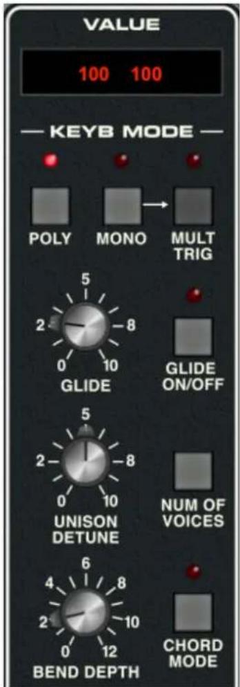 VALUE 100 100 — KEYB MODE — POLY MONO MULT TRIG 5 2 -8 0 10 GLIDE GLIDE ON/OFF 5 2 -8 0 10 UNISON NUM OF VOICES DETUNE VOICES 6 4 8 2 -10 0 12 CHORD MODE BEND DEPTH