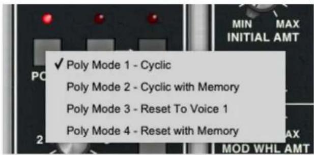 Poly Mode 1 - Cyclic Poly Mode 2 - Cyclic with Memory Poly Mode 3 - Reset To Voice 1 Poly Mode 4 - Reset with Memory