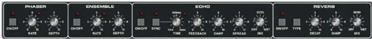 PHASER ON/OFF RATE DEPTH ENSEMBLE ON/OFF RATE DEPTH ECHO ON/OFF SYNC 500ms and 1ms 2sec TIME FEEDBACK DAMP SPREAD DRY WET MIX REVERB ON/OFF TYPE DECAY DAMP DRY WET MIX