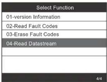 Select Function 01-version Information 02-Read Fault Codes 03-Erase Fault Codes 04-Read Datastream 4/4