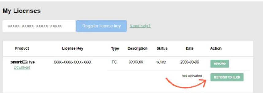 My Licenses xxxx-xxxx-xxxx-xxxx Register license key Need help? Product License Key Type Description Status Date Action smart:EQ live Download xxx-xxxx-xxxx-xxxx PC XXXXXX active 2000-00-00 revoke not activated transfer to iLok