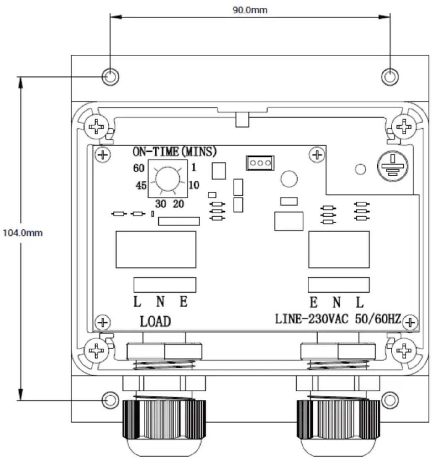 90.0mm ON-TIME (MINS) 60 1 45 10 30 20 L N E LOAD E N L LINE-230VAC 50/60HZ 104.0mm