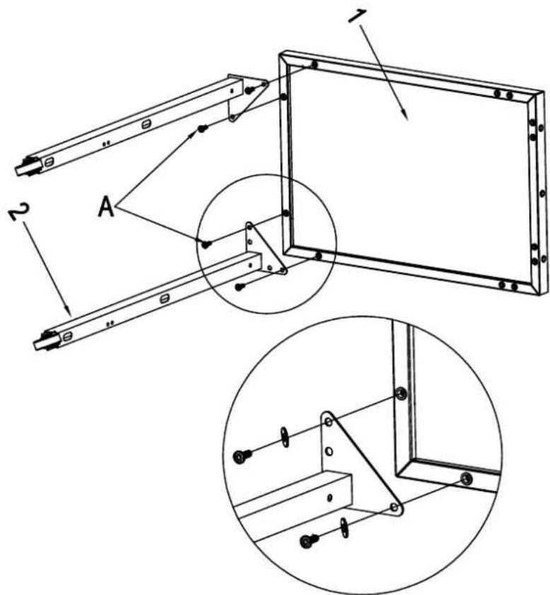 Technical diagram showing mechanical assembly with labeled components and a magnified inset view of a bracket assembly detail.