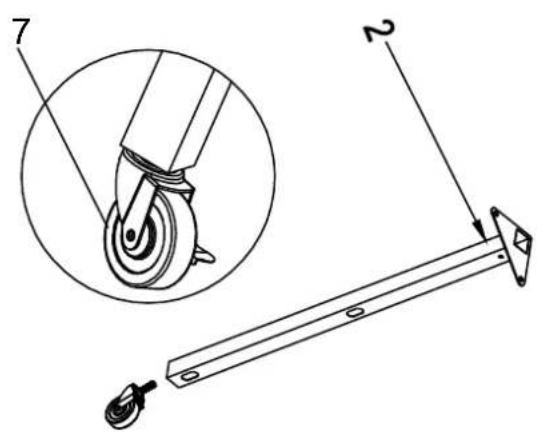 Technical diagram showing a mechanical lever system with labeled parts and an inset detail view of the wheel.