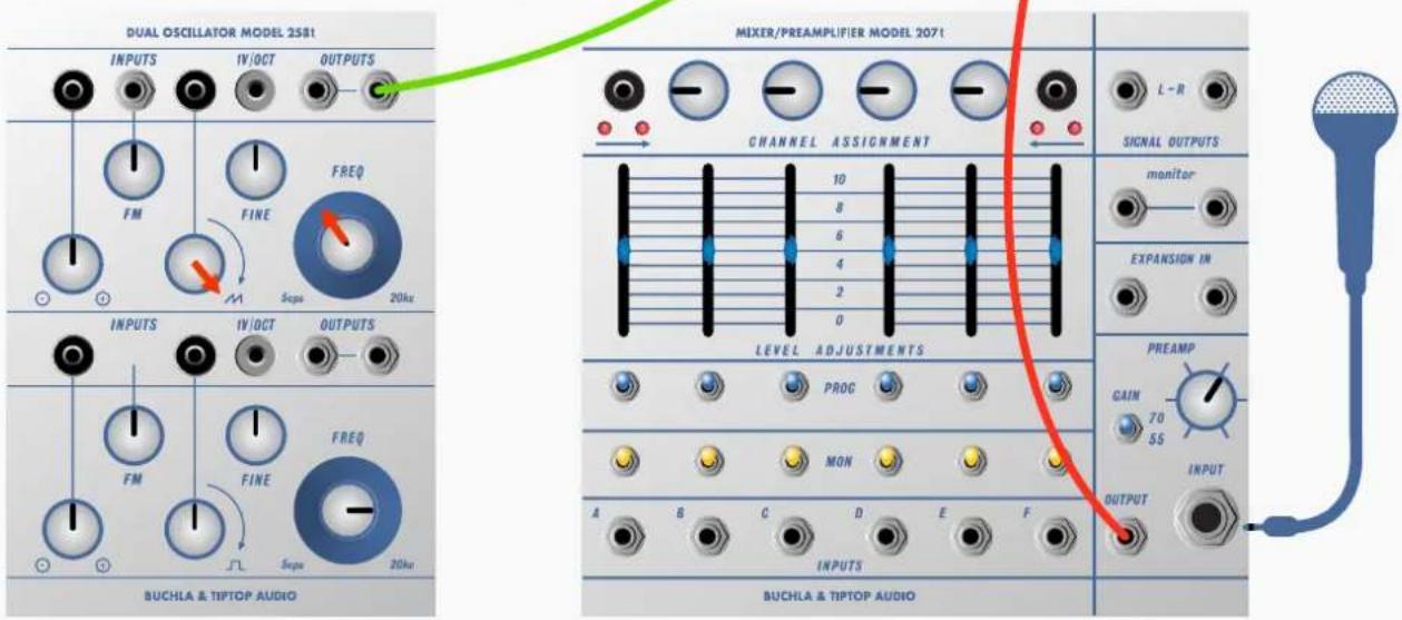 DUAL OSCILLATOR MODEL 2581 INPUTS IV/OCT OUTPUTS FM FINE Freq Scope 20Hz INPUTS IV/OCT OUTPUTS FM FINE Freq Scope 20Hz MIXER/PREAMPLIFIER MODEL 2071 CHANNEL ASSIGNMENT LEVEL ADJUSTMENTS PROC MON A B C D E F INPUTS L-R SIGNAL OUTPUTS monitor EXPANSION IN PREAMP GAIN 70 55 INPUT OUTPUT BUCHLA & TIPTOP AUDIO BUCHLA & TIPTOP AUDIO