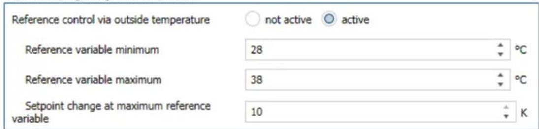 Reference control via outside temperature not active active Reference variable minimum 28 °C Reference variable maximum 38 °C Setpoint change at maximum reference variable 10 K