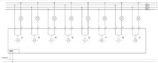 Electrical circuit diagram with labeled components and switches, including lamps, resistors, and a relay.