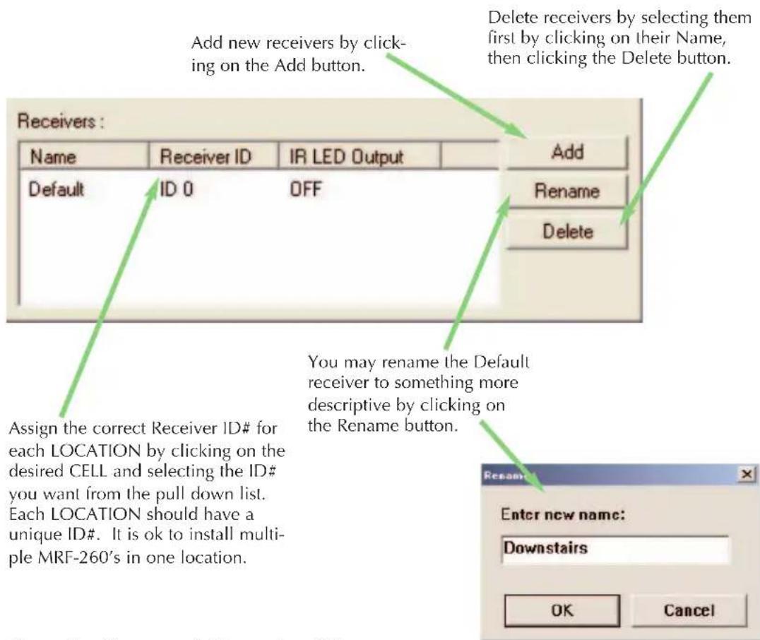 Add new receivers by clicking on the Add button. Delete receivers by selecting them first by clicking on their Name, then clicking the Delete button. Name Receiver ID IR LED Output Default ID 0 OFF Add Rename Delete Assign the correct Receiver ID# for each LOCATION by clicking on the desired CELL and selecting the ID# you want from the pull down list. Each LOCATION should have a unique ID#. It is ok to install multiple MRF-260's in one location. You may rename the Default receiver to something more descriptive by clicking on the Rename button. Enter new name: Downstairs OK Cancel