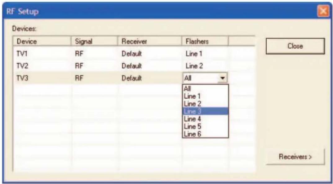 RF Setup Devices: Device Signal Receiver Flashers TV1 RF Default Line 1 TV2 RF Default Line 2 TV3 RF Default All All Line 1 Line 2 Line 3 Line 4 Line 5 Line 6 Receivers >
