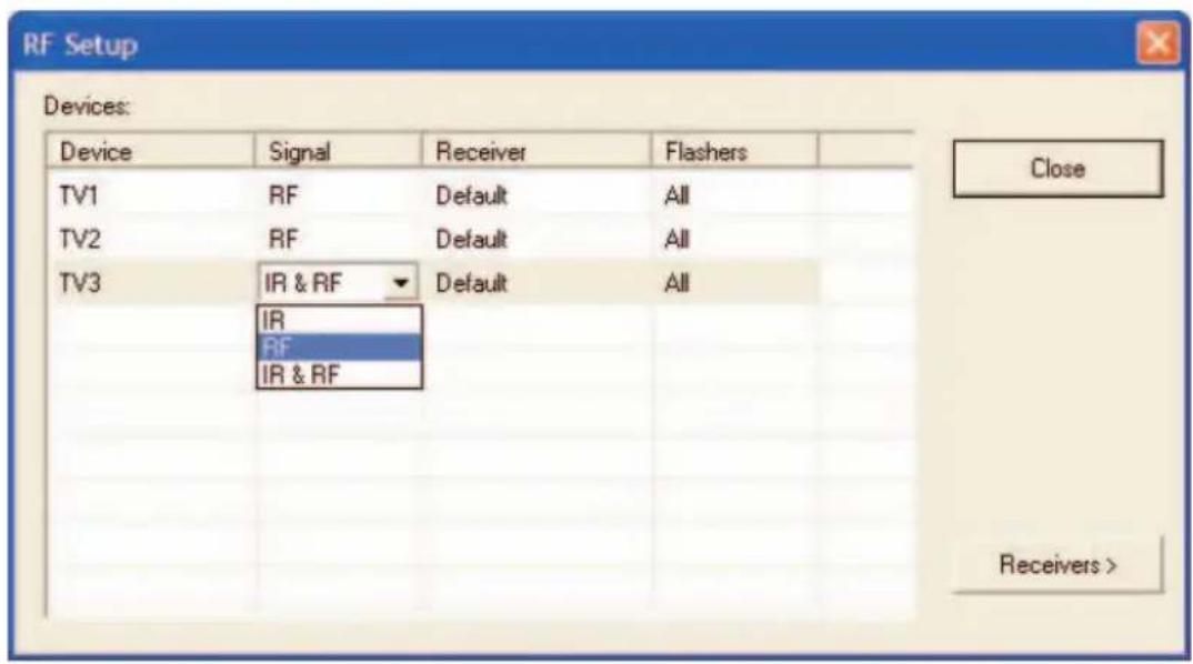 RF Setup Devices: Device Signal Receiver Flashers TV1 RF Default All TV2 RF Default All TV3 IR & RF Default All IR RF IR & RF Receivers >