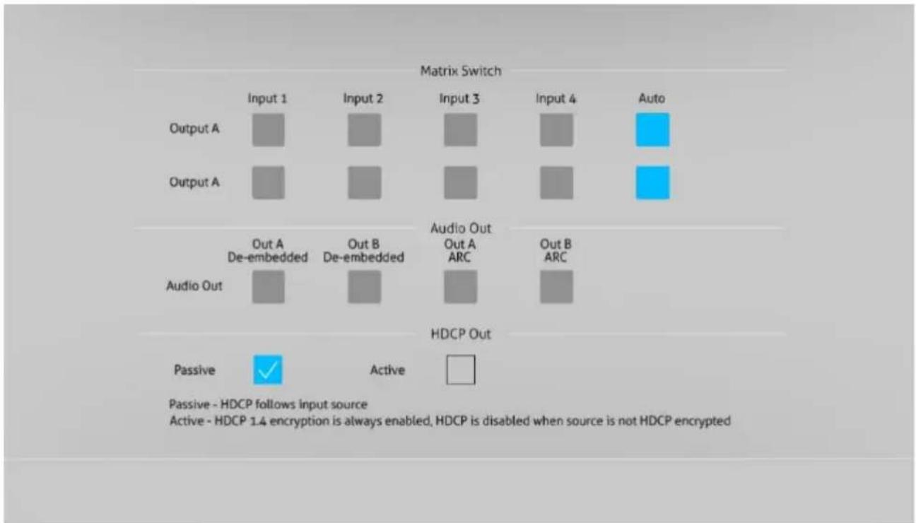 Matrix Switch Input 1 Input 2 Input 3 Input 4 Auto Output A Output A Audio Out Out A De-embedded Out B De-embedded Audio Out Out A ARC Out B ARC HDCP Out Passive ✓ Active □ Passive - HDCP follows input source Active - HDCP 1.4 encryption is always enabled, HDCP is disabled when source is not HDCP en…