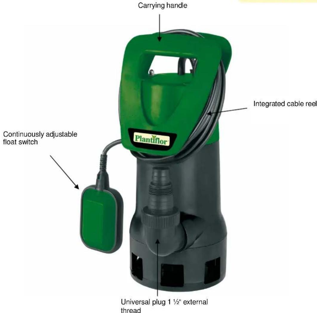 Carrying handle Integrated cable reel Continuously adjustable float switch Universal plug 1 ½" external thread