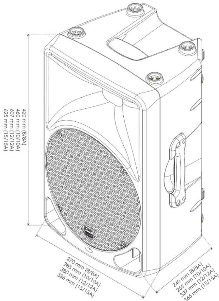 420 mm (8/8A) 460 mm (10/10A) 607 mm (12/12A) 625 mm (15/15A) 270 mm (8/8A) 285 mm (10/10A) 380 mm (12/12A) 386 mm (15/15A) 240 mm (8/8A) 265 mm (10/10A) 337 mm (12/12A) 366 mm (15/15A)
