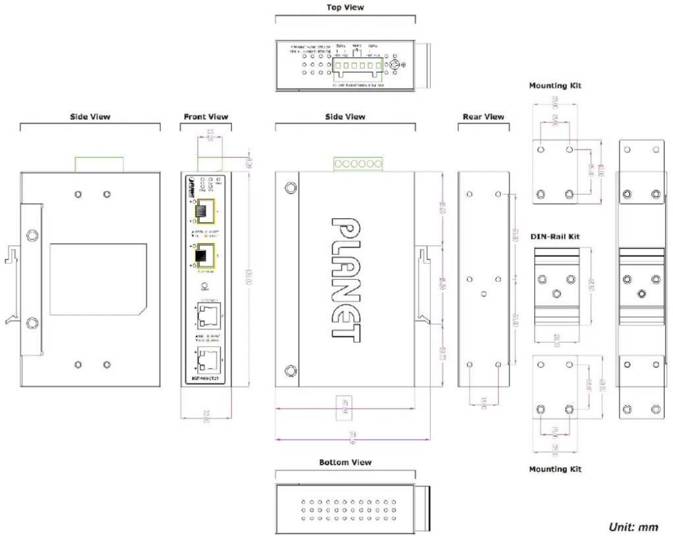 Top View Side View Front View Side View Rear View Mounting Kit PLNET DIN-Rail Kit Bottom View Mounting Kit Unit: mm