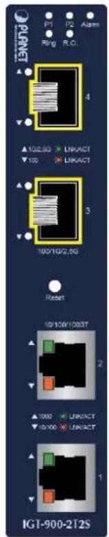 P1 P2 Alarm Ring R.O. 4 ▲ 100/3G LINKACT ▼ 100 LINKACT 3 100/10/2.5G Reset 10/100/1000T 2 ▲ 1000 LINKACT ▼ 10/100 LINKACT 1 IGT-900-2T2S