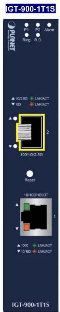 IGT-900-1T1S P1 P2 Alarm Ring R.O ▲ 10/2.5G LINKACT ▼ 100 LINKACT 2 100/1G/2.5G Reset 10/100/1000T ▲ 1000 LINKACT ▼ 10/100 LINKACT IGT-900-1T1S