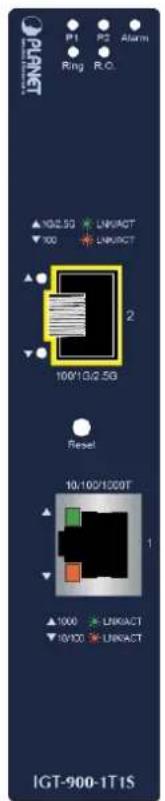 PLANNET P1 P2 Alarm Ring R.O. HG2.5G LINKACT 100 LINKACT 2 100/3/2.5G Reset 10/100/1000T 1 ▲1000 LINKACT ▼10/100 LINKACT IGT-900-1T1S