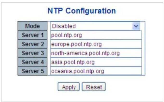 NTP Configuration Mode Disabled Server 1 pool.ntp.org Server 2 europe.pool.ntp.org Server 3 north-america.pool.ntp.org Server 4 asia.pool.ntp.org Server 5=oceania.pool.ntp.org Apply Reset