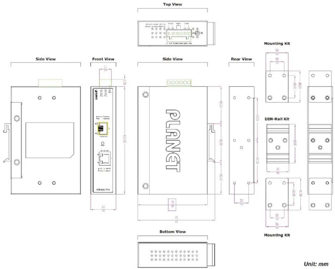 Top View Side View Front View Side View Side View Rear View Mounting Kit PLNET DIN-Rail Kit Bottom View Mounting Kit Unit: mm
