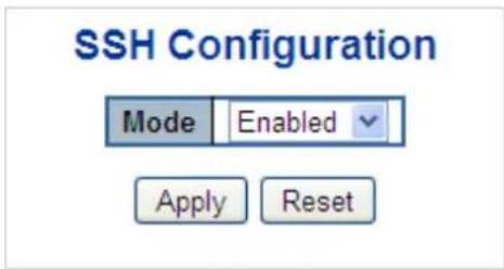 SSH Configuration Mode Enabled Apply Reset