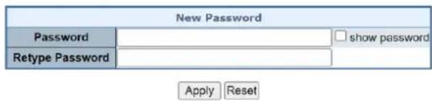 New Password Password □ show password Retype Password Apply Reset