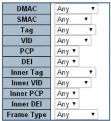 DMAC Any SMAC Any Tag Any VID Any PCP Any DEI Any Inner Tag Any Inner VID Any Inner PCP Any Inner DEI Any Frame Type Any