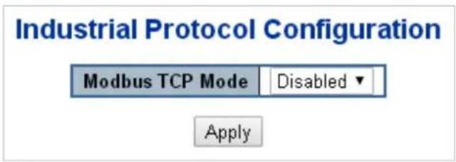 Industrial Protocol Configuration Modbus TCP Mode Disabled Apply