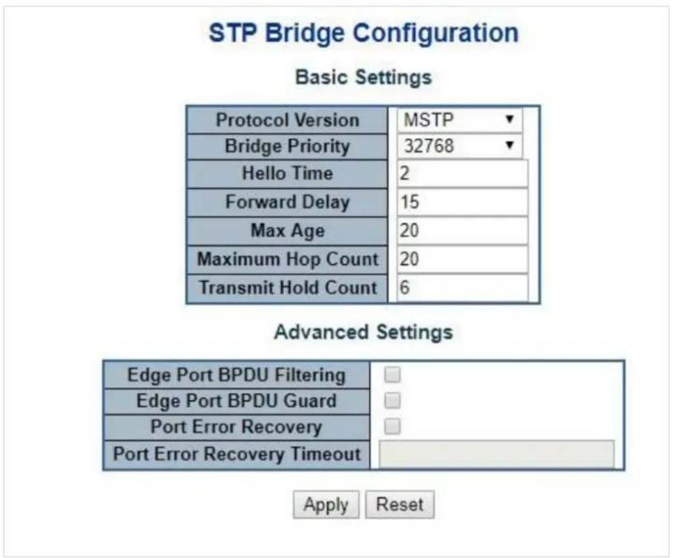 STP Bridge Configuration Basic Settings Protocol Version MSTP Bridge Priority 32768 Hello Time 2 Forward Delay 15 Max Age 20 Maximum Hop Count 20 Transmit Hold Count 6 Advanced Settings Edge Port BPDU Filtering Edge Port BPDU Guard Port Error Recovery Port Error Recovery Timeout Apply Reset