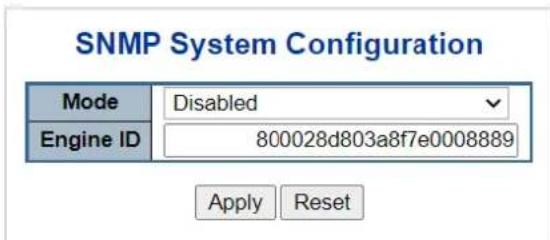 SNMP System Configuration Mode Disabled Engine ID 800028d803a8f7e0008889 Apply Reset