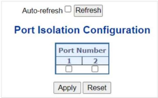 Auto-refresh □ Refresh Port Isolation Configuration Port Number 1 2 □ □ Apply Reset