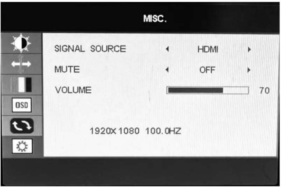 MISC. SIGNAL SOURCE HDMI MUTE OFF VOLUME 70 1920X 1080 100.0HZ