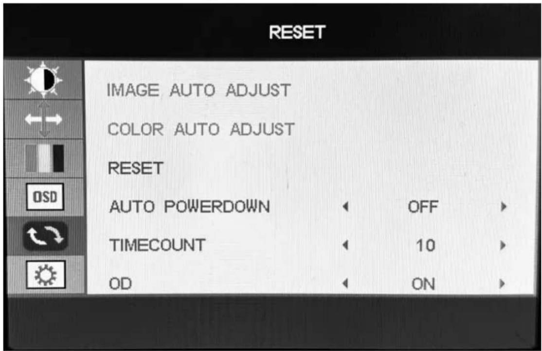 RESET IMAGE AUTO ADJUST COLOR AUTO ADJUST RESET AUTO POWERDOWN OFF TIMECOUNT 10 OD ON